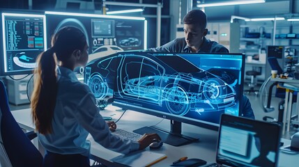 Team of Engineers Analyzing Car Design on Digital Blueprint in High-Tech Automotive Lab
