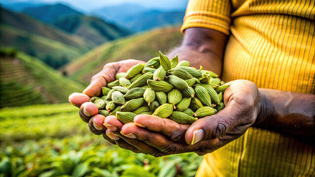 A close-up of a farmer's hands holding freshly picked cardamom pods. Digital art is ideal for content about the cultivation of cardamom and other spices, nature and agriculture in India.
