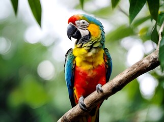 Colorful parrot sitting on branch. Brightly feathered bird