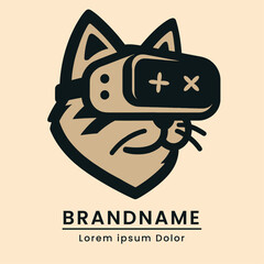 Futuristic cat with VR headset, modern pet technology branding, sleek and innovative
