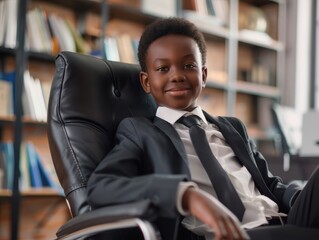African-American kid dressed as a business man sitting in office chair. Teenager smiling sitting in the office. Working student. Learning from young age, intellectual growth