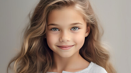 Fototapeta premium Portrait of a chic cute beautiful smiling baby girl with perfect skin, gray background, banner.