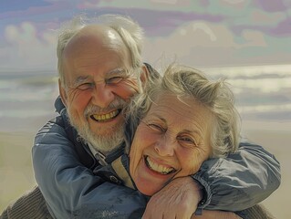 AI generated image of happy mature senior couple on the beach piggyback