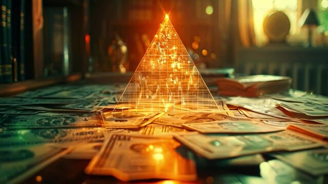 A glowing, transparent pyramid hovers above a pile of cash, suggesting wealth and success.