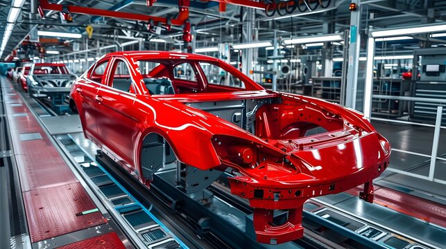 Close-up of red car chassis in advanced automated car manufacturing factory