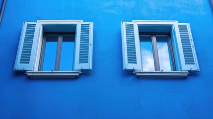 Fototapeta premium Two windows with blue shutters on a blue building, suitable for background or decoration