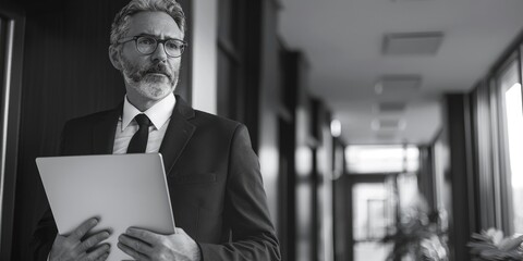 A businessman using his laptop in a meeting or office setting