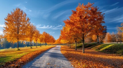 Fototapeta premium Autumnal Landscape A breathtaking autumnal landscape with vibrant trees lining a winding path, bathed in the warm glow of a bright blue sky The scene evokes a sense of tranquility and the beauty of na
