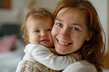 A mother cradling her infant child