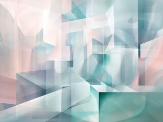 Obraz premium Abstract Geometric Pastel Art with soft shades of blue, pink, and white, featuring layered shapes and translucent forms creating a modern and minimalist composition.