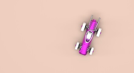 vintage pink racing car with white accents, gray and chrome engine, banner, workshop business card, car in workshop (3d illustration)