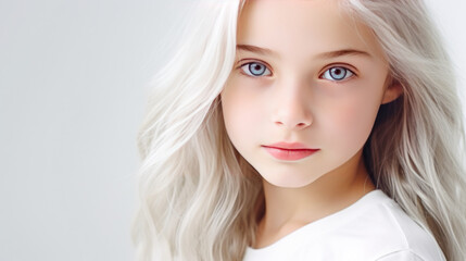Fototapeta premium Portrait of a chic cute beautiful blonde child girl with long white hair and perfect skin, white background, banner.