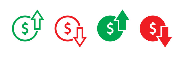 Dollar price increasing and decreasing icon set in green and red color. Currency rising and falling symbol set. Dollar coin with up and down arrow with outline and fill isolated on white background.