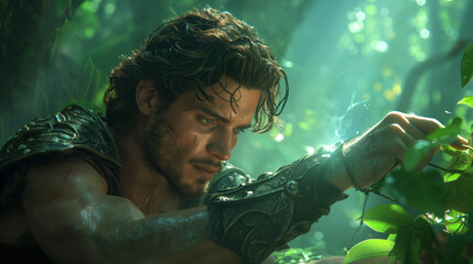 A muscular, handsome man with wavy brown hair and green eyes wearing an ancient Greek tunic is using his arm as if it were a weapon to strike at leaves in the jungle