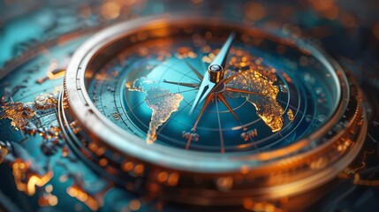 Close-up of compass with world map and illuminated continents. Macro shot. Navigation and exploration concept