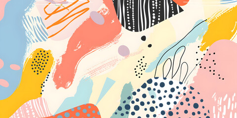 Abstract pastel-colored shapes and patterns, creating a playful and whimsical atmosphere, perfect for a children's event or creative workshop banner