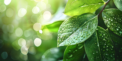 Nature-inspired background with fresh green leaves and dew drops, providing a natural and refreshing look, suitable for a wellness product or eco-friendly event banner