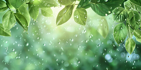 Nature-inspired background with fresh green leaves and dew drops, providing a natural and refreshing look, suitable for a wellness product or eco-friendly event banner