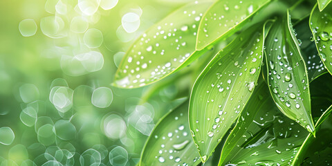 Nature-inspired background with fresh green leaves and dew drops, providing a natural and refreshing look, suitable for a wellness product or eco-friendly event banner