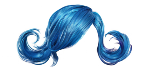 Edgy asymmetrical hair wig with shaved sides and vibrant blue highlights, isolated on white background, front view, fashionable hairstyle concept.