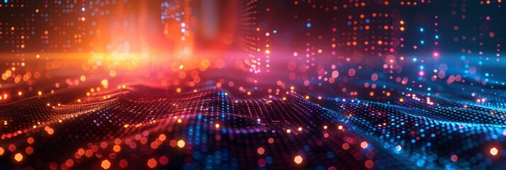 Fototapeta premium Dynamic Digital Landscape with Vibrant Lights. Abstract digital landscape with vibrant lights and bokeh effects in red, blue, and orange hues, creating a futuristic atmosphere. Banner with copy space