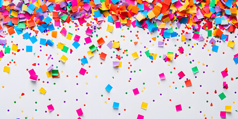 Bright and colorful confetti scattered across a white background, offering a festive and playful look for a party planning or kids' blog background