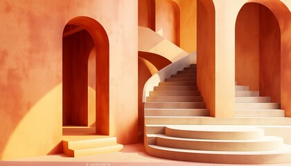 Naklejka premium Abstract background with architectural elements, stairs and arches in warm colors, 3D rendering illustration, empty space for text 