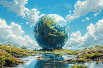 Large Earth-like sphere standing on lush green terrain with water reflections under a bright blue sky. clouds and greenery create a breathtaking and serene landscape, highlighting majesty of nature
