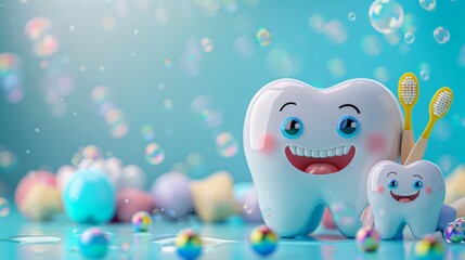 Obraz premium Cartoon image of happy tooth characters with toothbrushes in a bubbly, colorful background. scene emphasizes dental hygiene in a fun and engaging way, promoting positive oral health habits for kids.