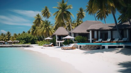 Obraz premium A serene beach scene with comfortable lounge chairs and tall palm trees, perfect for relaxation or vacation inspiration