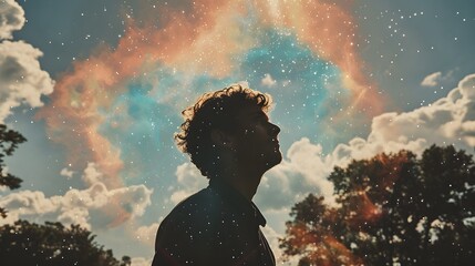 Naklejka premium Silhouette of Man Gazing at Cosmic Sky with Nebula Clouds