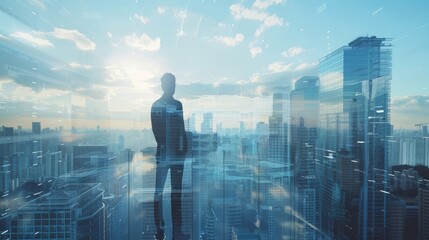 Fototapeta premium Businessman looking at cityscape, double exposure