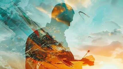 Double exposure of a man playing golf and a colorful cloudy sky.