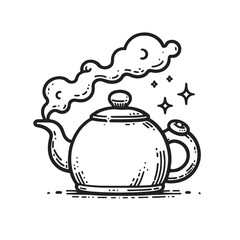 A black and white drawing of a teapot with steam coming out of it. The teapot is sitting on a table