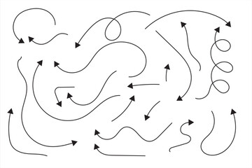 Sets of black hand drawing doodle arrows and icons in white background. Curve  arrow line in vector collection. Collection of doodle arrows, lines clean and clear  arrows style doodle set hand drawn.