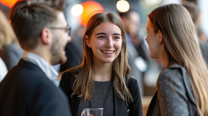 A young woman smiles while talking to two colleagues at a business event.