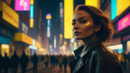 Fototapeta premium Girl standing alone on the neon lit night street 
