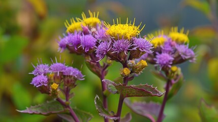 Fototapeta premium The Weed Yellow Billygoat or Goatweed Ageratum conyzoides as a Member of the Asteraceae Plant Family