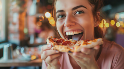 Joyful woman taking a bite of pizza in a vibrant, cozy restaurant setting, enjoying her meal.