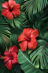 A cluster of vibrant red flowers perched atop lush green leaves