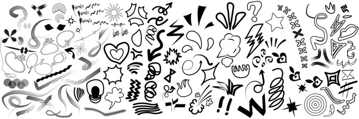 Doodle cute glitter pen line Surprise, emphasis, attention and Inspiration elements. Doodle heart, arrow, Y2K, star, sparkle  symbol set icon. Classic Line icon.