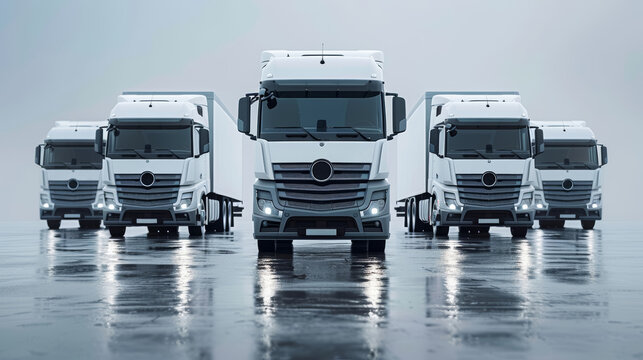 Fleet of five white trucks, logistics and transportation concept