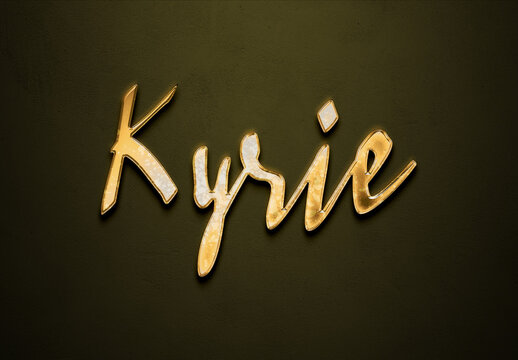 Old gold text effect of name Kyrie with 3D glossy style Mockup.