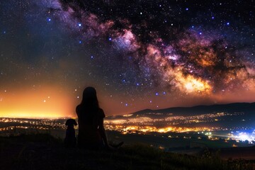 Obraz premium A Woman and Her Dog Watching the Starry Night Sky from the Hilltop
