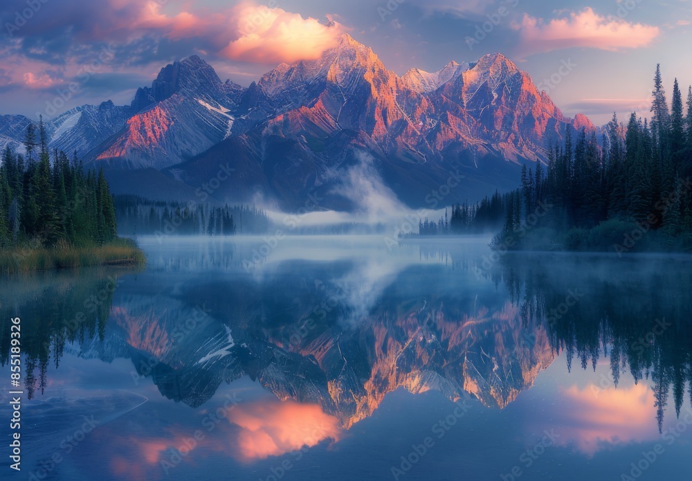 Wall mural a stunning mountain range reflected in a calm alpine lake at dawn, with mist rising from the water - Wall murals