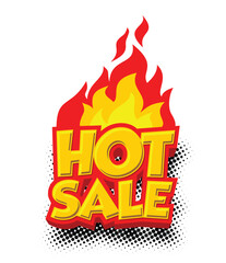 Hot sale icon. Label with flame in pop art style. Vector template on transparent background