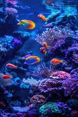 Colorful fish swim in a transparent aquarium with decorative rocks and plants