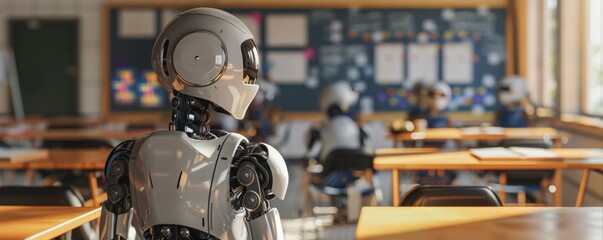 Fototapeta premium AI robot teacher teaching to cyborg ai students in the classroom, school concept banner. Generative AI.