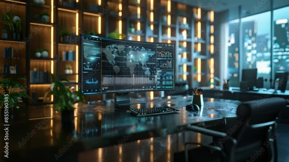 Poster modern office with large computer display showing world map. black desk with plants and bookshelf in