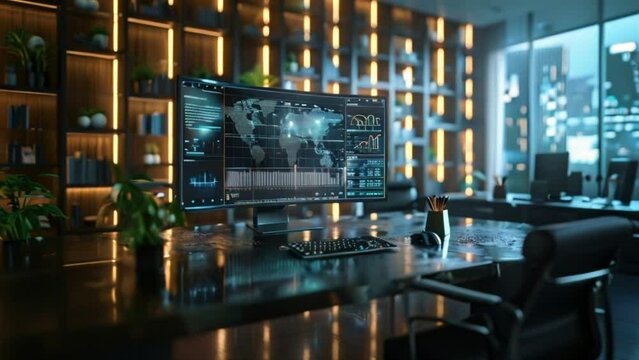 Modern office with large computer display showing world map. Black desk with plants and bookshelf in background.